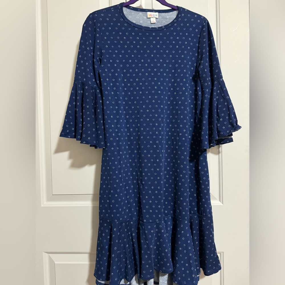 LuLaRoe dress.  Navy w/white pattern.  High/low bottom.  Size small
